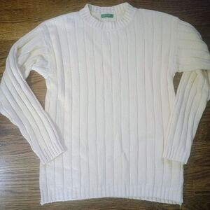 United Colors Of Benetton Cream Yellow Ribbed Crewneck Sweater